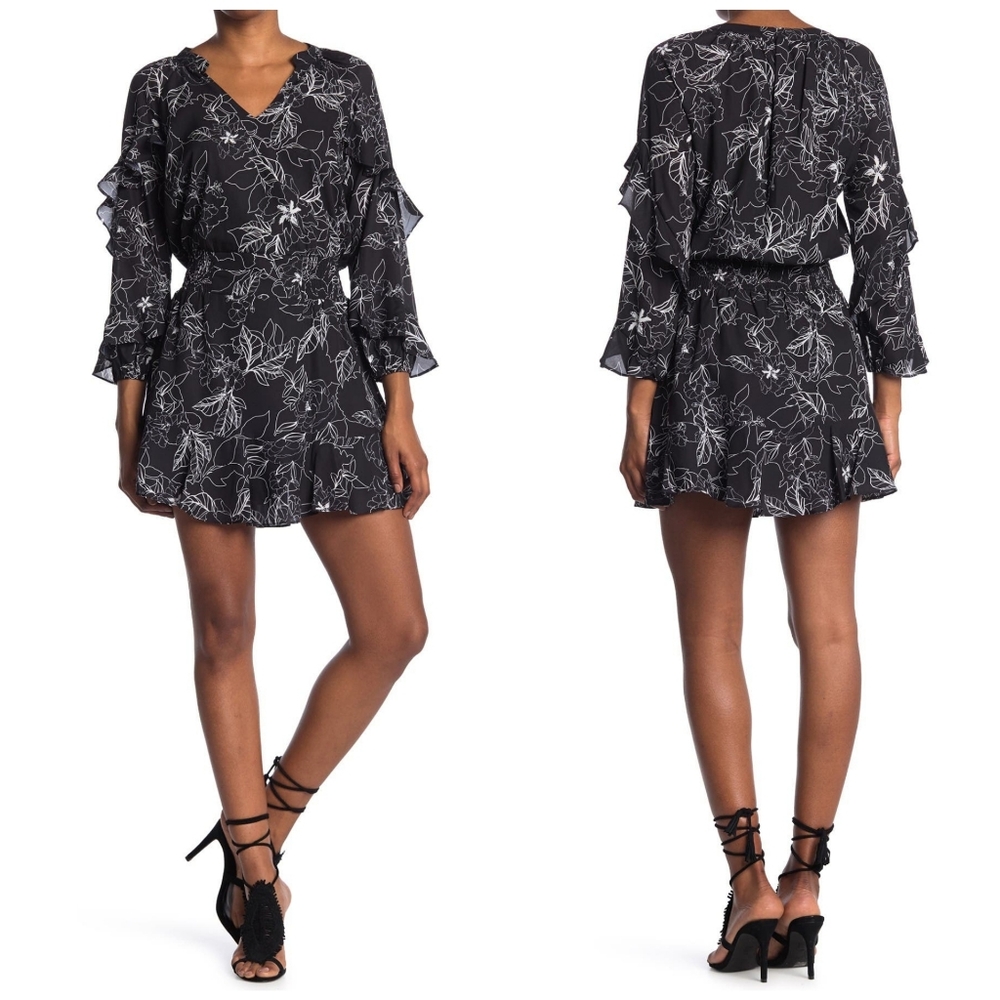 Parker Floral Print Ruffle Long Sleeves Smocked Waist Black Dress Women Large